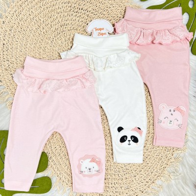  Kit 3 Calças - Leoa, Pandinha e Oncinha - Rose, Off White e Rosa